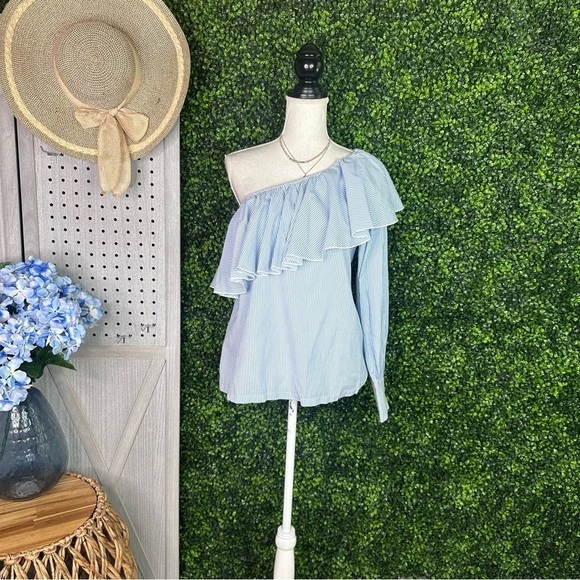 Nwt ANN TAYLOR LOFT BLUE & WHITE Pin STRIPED RUFFLED TOP ONE SHOULDER nwt - Picture 4 of 9